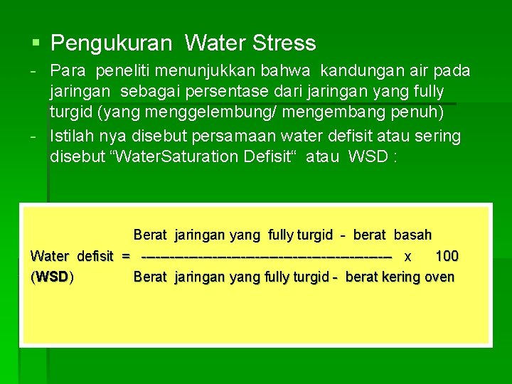 § Pengukuran Water Stress - Para peneliti menunjukkan bahwa kandungan air pada jaringan sebagai