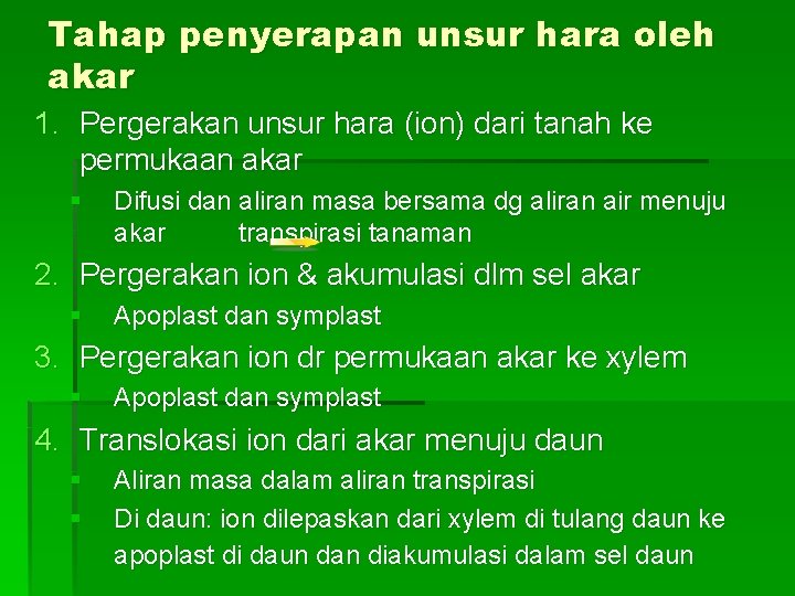 Tahap penyerapan unsur hara oleh akar 1. Pergerakan unsur hara (ion) dari tanah ke Tahap penyerapan unsur hara oleh akar 1. Pergerakan unsur hara (ion) dari tanah ke