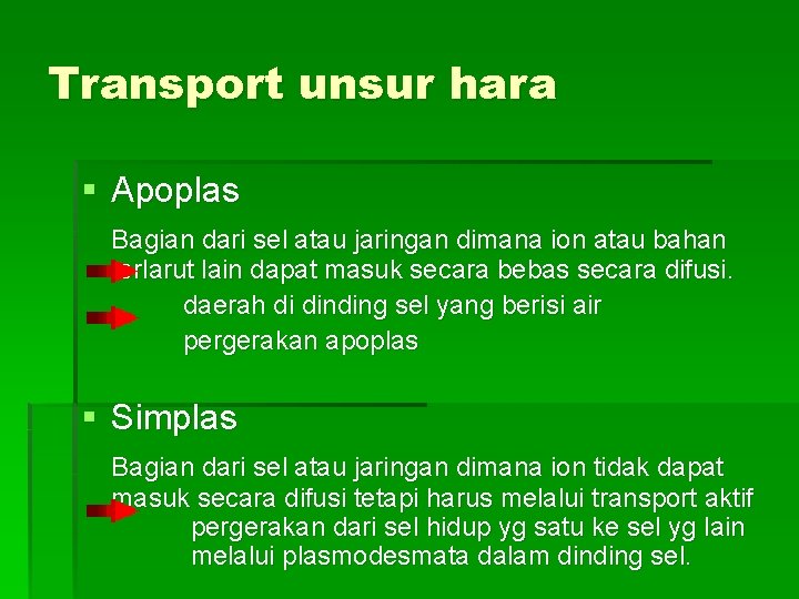 Transport unsur hara § Apoplas Bagian dari sel atau jaringan dimana ion atau bahan Transport unsur hara § Apoplas Bagian dari sel atau jaringan dimana ion atau bahan