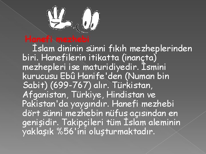 Hanefi mezhebi İslam dininin sünni fıkıh mezheplerinden biri. Hanefilerin itikatta (inançta) mezhepleri ise maturidiyedir.