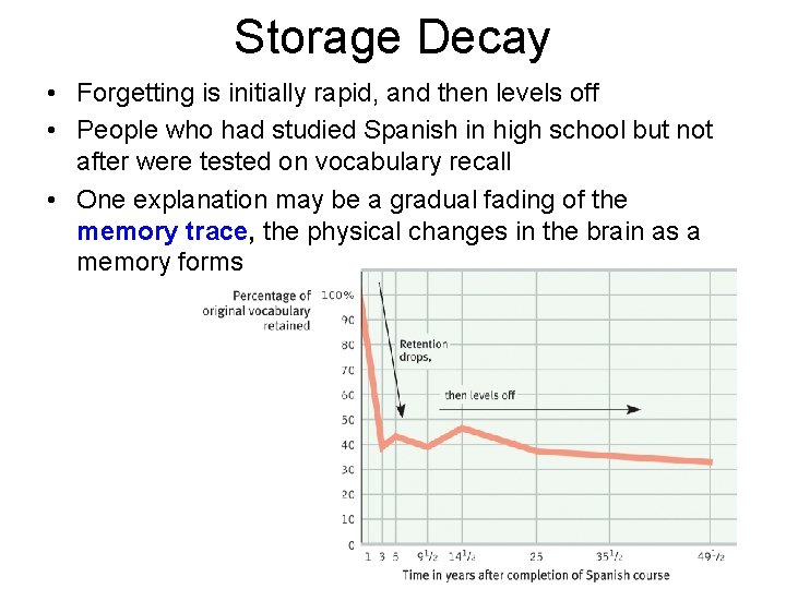 Storage Decay • Forgetting is initially rapid, and then levels off • People who