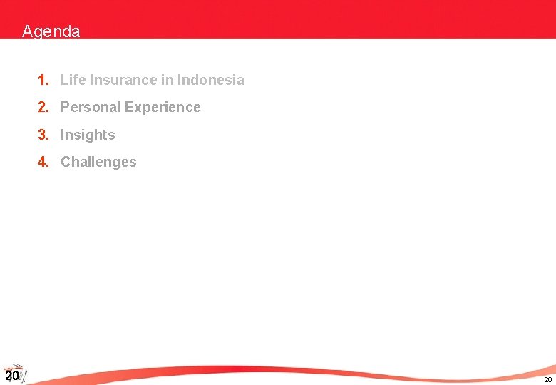 Agenda 1. Life Insurance in Indonesia 2. Personal Experience 3. Insights 4. Challenges 20