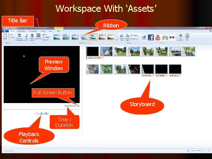 Workspace With ‘Assets’ Title Bar Ribbon Preview Window Full Screen Button Storyboard Time /