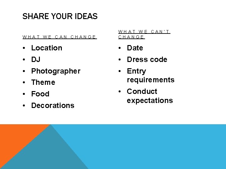 SHARE YOUR IDEAS WHAT WE CAN CHANGE WHAT WE CAN’T CHANGE • Location •