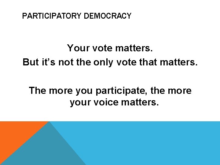 PARTICIPATORY DEMOCRACY Your vote matters. But it’s not the only vote that matters. The