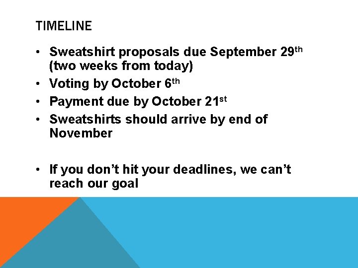 TIMELINE • Sweatshirt proposals due September 29 th (two weeks from today) • Voting