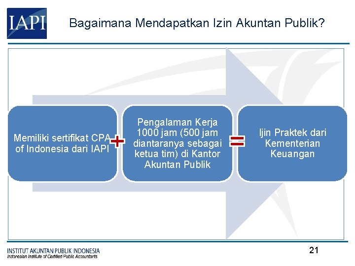 Bagaimana Mendapatkan Izin Akuntan Publik? Memiliki sertifikat CPA of Indonesia dari IAPI Pengalaman Kerja