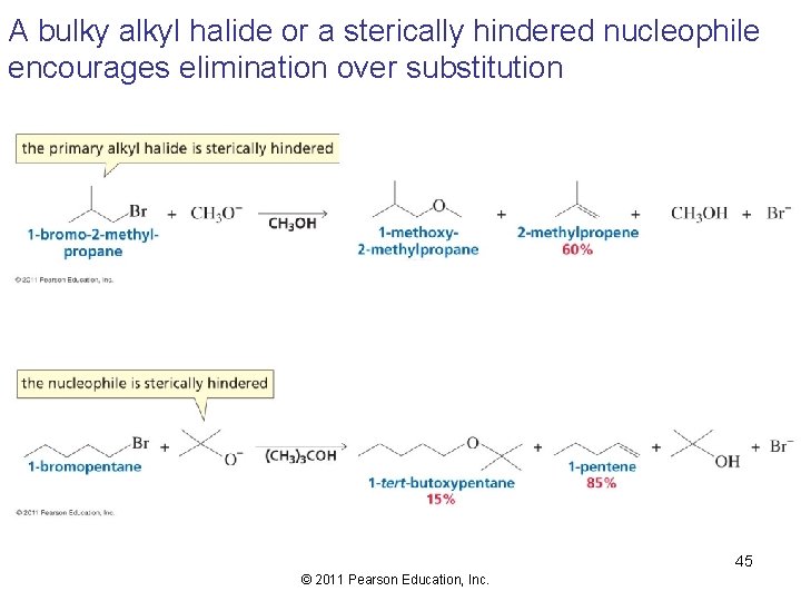 A bulky alkyl halide or a sterically hindered nucleophile encourages elimination over substitution 45