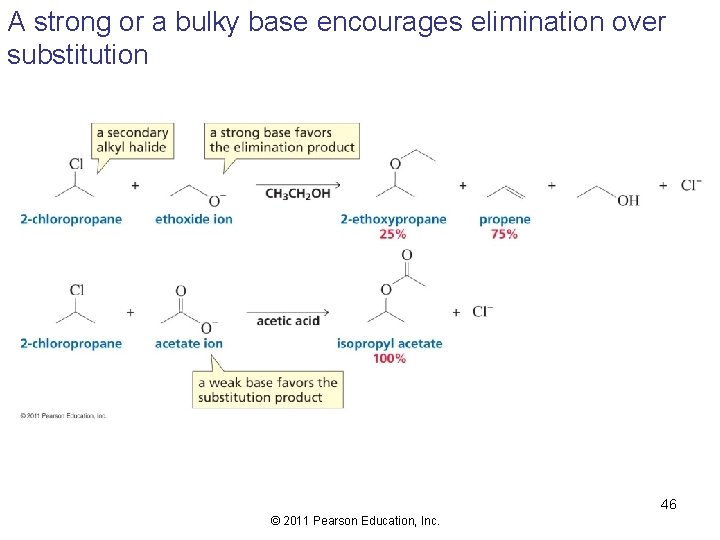 A strong or a bulky base encourages elimination over substitution 46 © 2011 Pearson