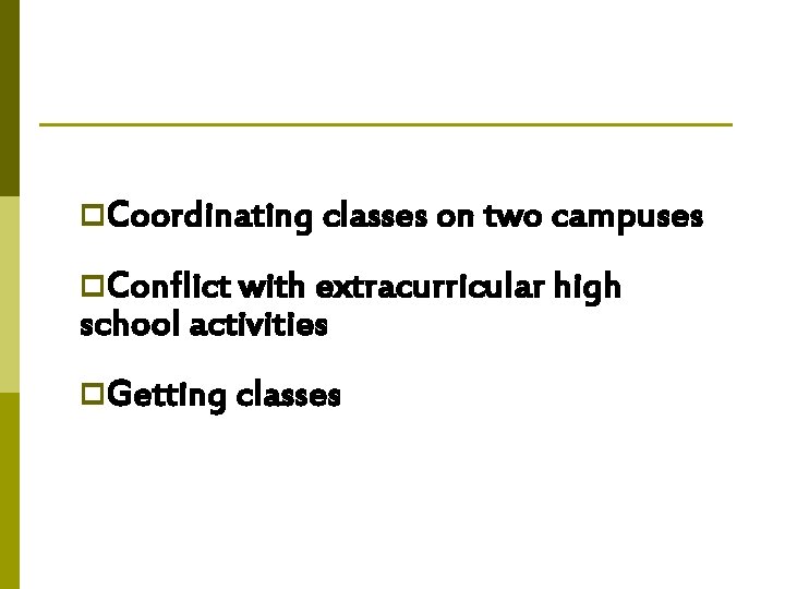 p. Coordinating classes on two campuses p. Conflict with extracurricular high school activities p.