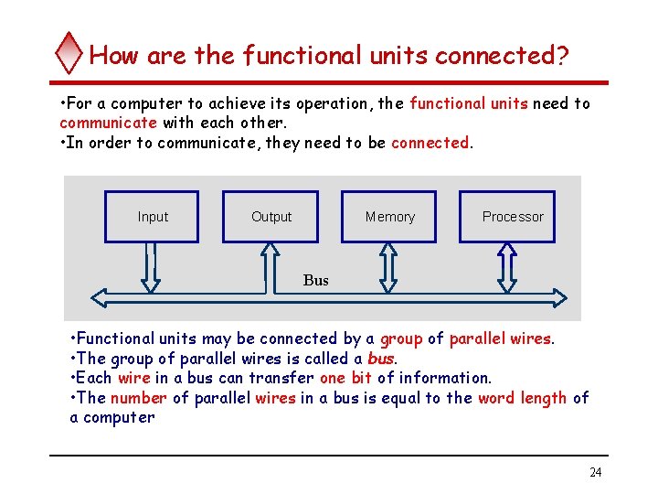 How are the functional units connected? • For a computer to achieve its operation,