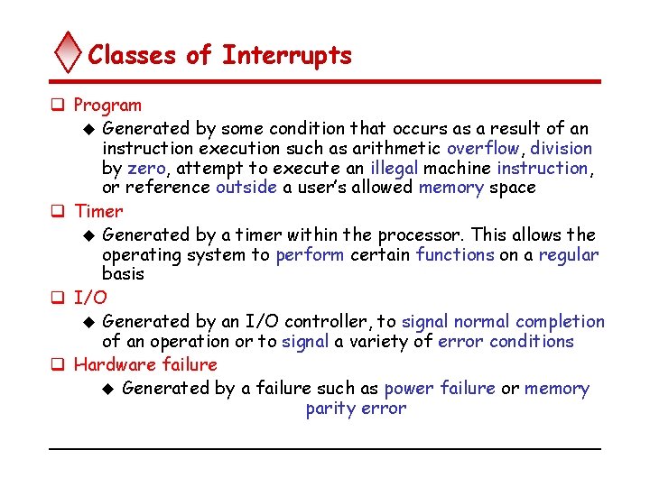 Classes of Interrupts q Program u Generated by some condition that occurs as a