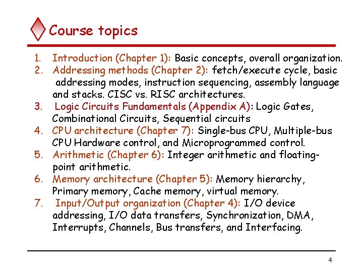 Course topics 1. Introduction (Chapter 1): Basic concepts, overall organization. 2. Addressing methods (Chapter