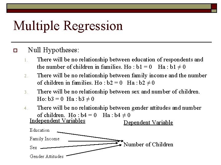 Multiple Regression Null Hypotheses: o 1. 2. 3. 4. There will be no relationship