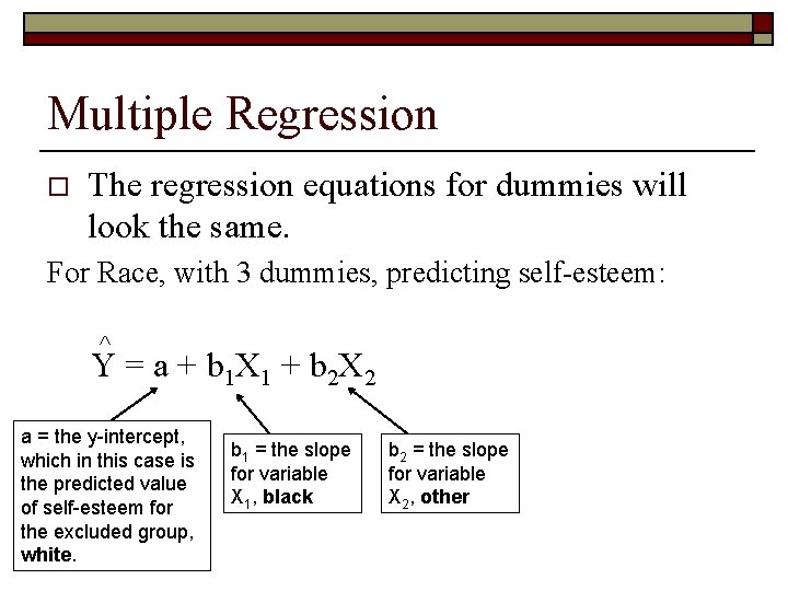 Multiple Regression o The regression equations for dummies will look the same. For Race,