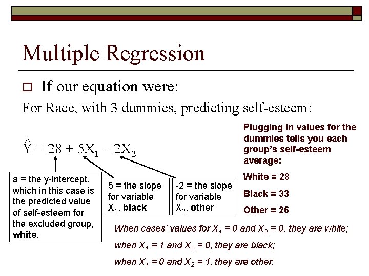 Multiple Regression o If our equation were: For Race, with 3 dummies, predicting self-esteem: