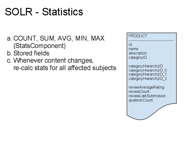 SOLR - Statistics a. COUNT, SUM, AVG, MIN, MAX (Stats. Component) b. Stored fields