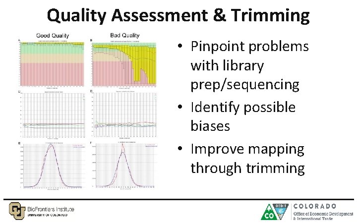 Quality Assessment & Trimming • Pinpoint problems with library prep/sequencing • Identify possible biases