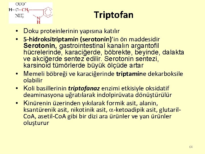 Triptofan • Doku proteinlerinin yapısına katılır • 5 -hidroksitriptamin (serotonin)’in ön maddesidir Serotonin, gastrointestinal