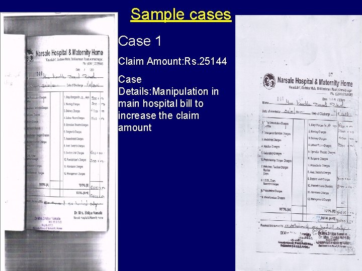 Sample cases Case 1 Claim Amount: Rs. 25144 Case Details: Manipulation in main hospital