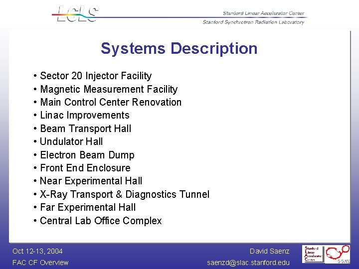 Systems Description • Sector 20 Injector Facility • Magnetic Measurement Facility • Main Control