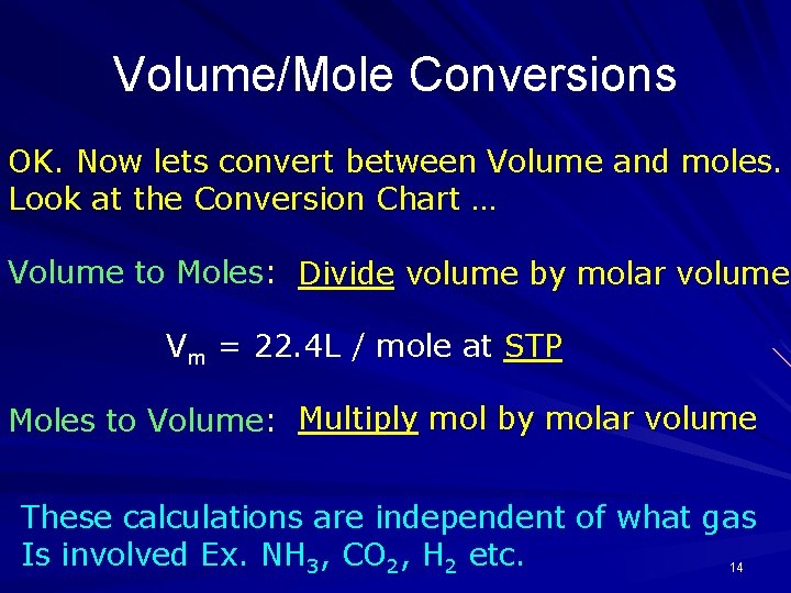 Volume/Mole Conversions OK. Now lets convert between Volume and moles. Look at the Conversion