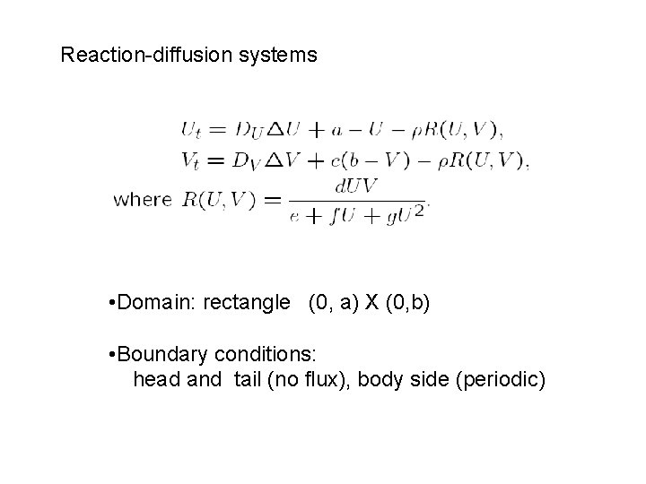 Reaction-diffusion systems • Domain: rectangle (0, a) X (0, b) • Boundary conditions: head Reaction-diffusion systems • Domain: rectangle (0, a) X (0, b) • Boundary conditions: head