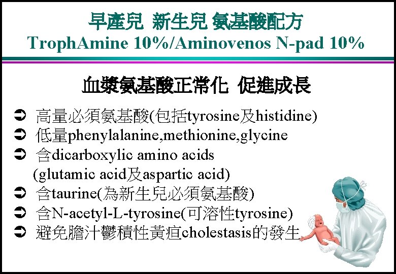 早產兒 新生兒 氨基酸配方 Troph. Amine 10%/Aminovenos N-pad 10% 血漿氨基酸正常化 促進成長 Ü 高量必須氨基酸(包括tyrosine及histidine) Ü 低量phenylalanine,