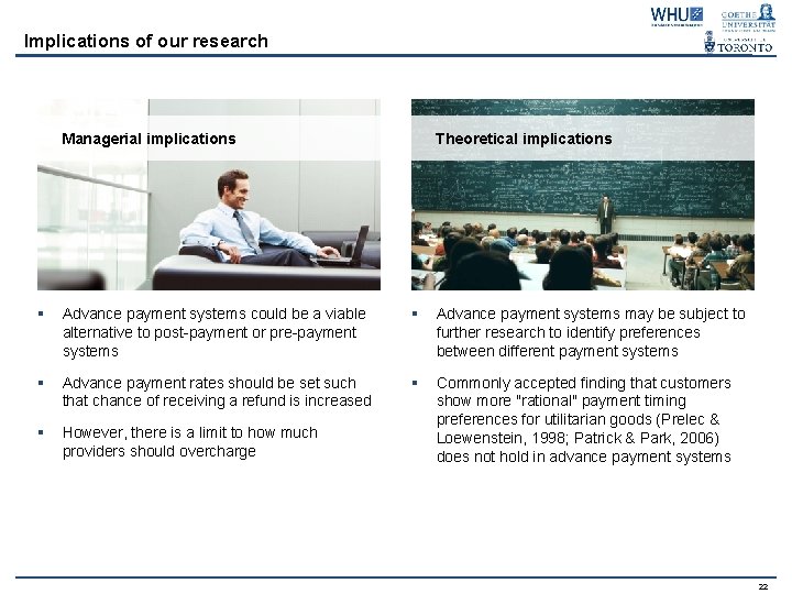 Implications of our research Managerial implications Theoretical implications § Advance payment systems could be