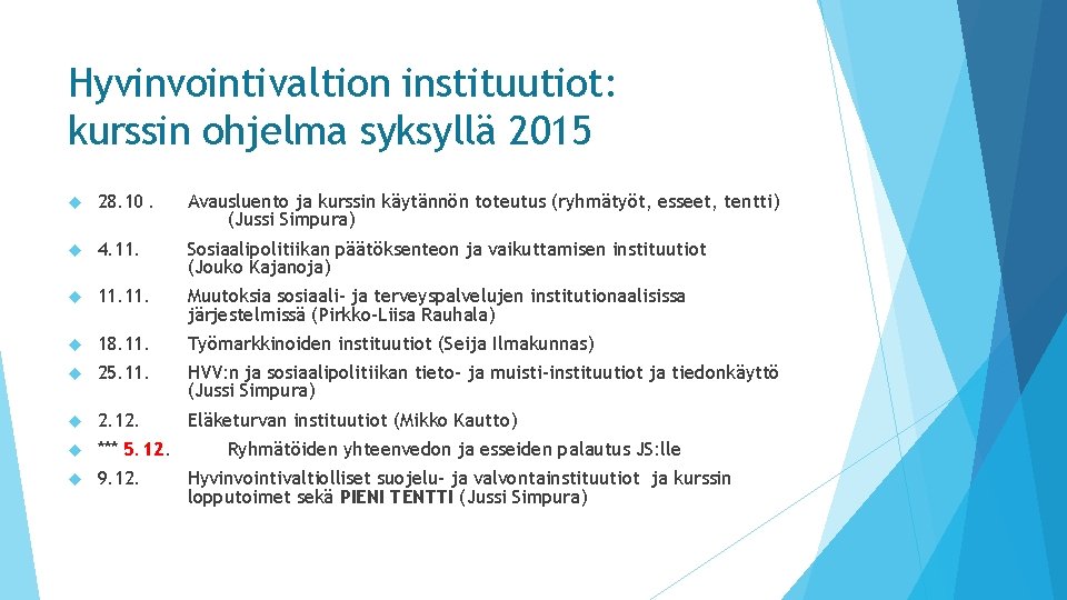 Hyvinvointivaltion instituutiot: kurssin ohjelma syksyllä 2015 28. 10. Avausluento ja kurssin käytännön toteutus (ryhmätyöt,