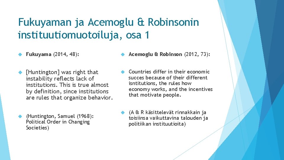 Fukuyaman ja Acemoglu & Robinsonin instituutiomuotoiluja, osa 1 Fukuyama (2014, 48): Acemoglu & Robinson