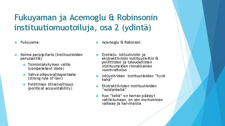 Fukuyaman ja Acemoglu & Robinsonin instituutiomuotoiluja, osa 2 (ydintä) Fukuyama: Acemoglu & Robinson: Kolme