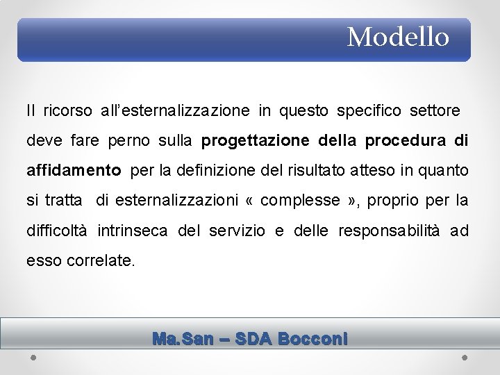 Modello Il ricorso all’esternalizzazione in questo specifico settore deve fare perno sulla progettazione della