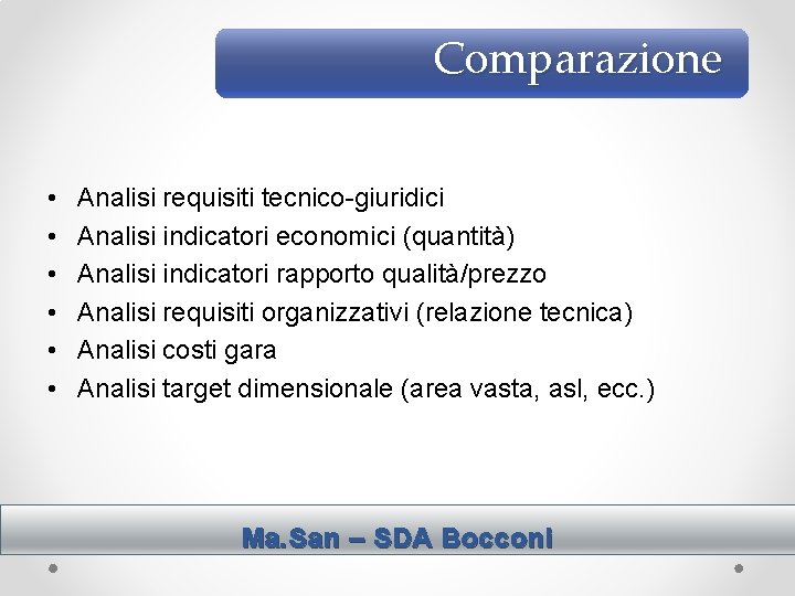 Comparazione • • • Analisi requisiti tecnico-giuridici Analisi indicatori economici (quantità) Analisi indicatori rapporto