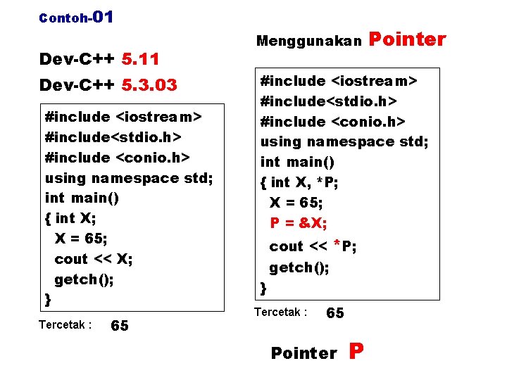 Contoh-01 Dev-C++ 5. 11 Dev-C++ 5. 3. 03 #include <iostream> #include<stdio. h> #include <conio.