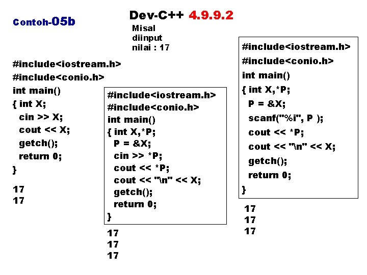 Dev-C++ 4. 9. 9. 2 Contoh-05 b Misal diinput nilai : 17 #include<iostream. h>