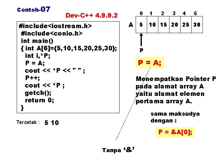 Contoh-07 #include<iostream. h> #include<conio. h> int main() { int A[6]={5, 10, 15, 20, 25,