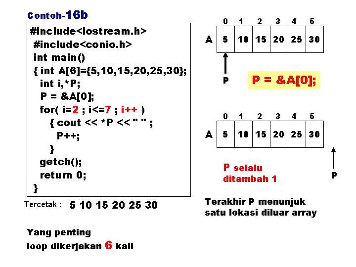 Contoh-16 b #include<iostream. h> #include<conio. h> int main() { int A[6]={5, 10, 15, 20,