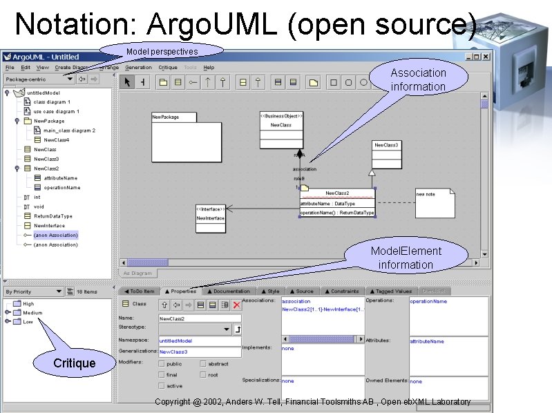 Notation: Argo. UML (open source) Model perspectives Association information Model. Element information Critique Copyright