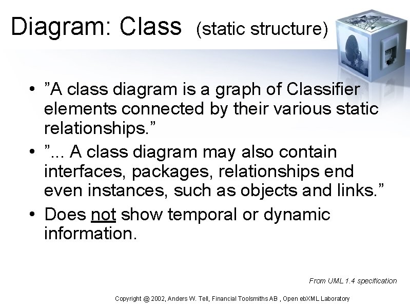 Diagram: Class (static structure) • ”A class diagram is a graph of Classifier elements