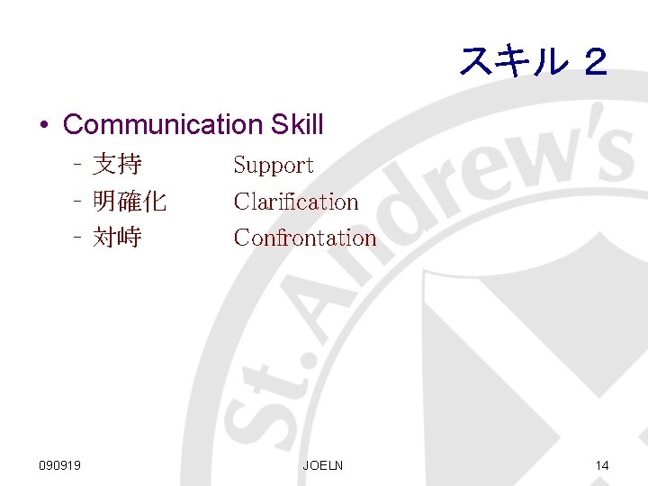 スキル ２ • Communication Skill – 支持 – 明確化 – 対峙 090919 Support Clarification