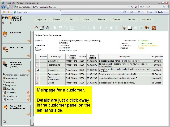 Mainpage for a customer. Details are just a click away in the customer panel Mainpage for a customer. Details are just a click away in the customer panel