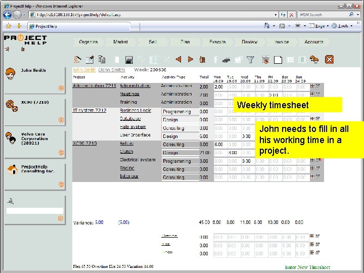 Weekly timesheet John needs to fill in all his working time in a project. Weekly timesheet John needs to fill in all his working time in a project.