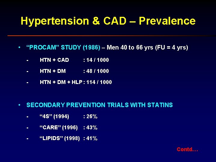 Hypertension & CAD – Prevalence • “PROCAM” STUDY (1986) – Men 40 to 66