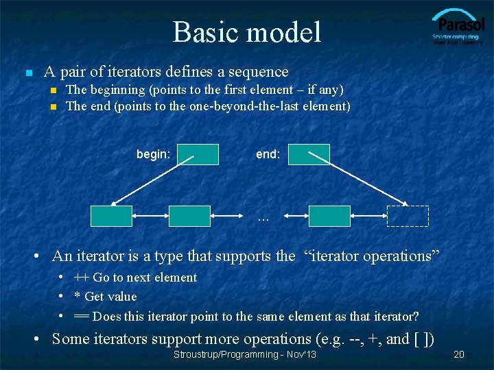 Basic model n A pair of iterators defines a sequence The beginning (points to