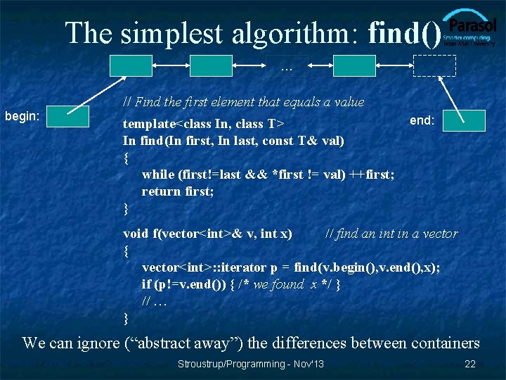 The simplest algorithm: find() … begin: // Find the first element that equals a