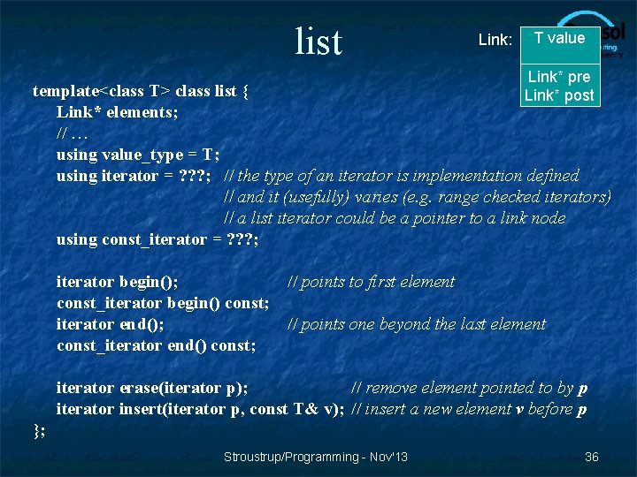 list Link: T value Link* pre Link* post template<class T> class list { Link*