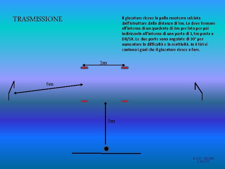 TRASMISSIONE Il giocatore riceve la palla rasoterra calciata dall’istruttore dalla distanza di 5 m. TRASMISSIONE Il giocatore riceve la palla rasoterra calciata dall’istruttore dalla distanza di 5 m.