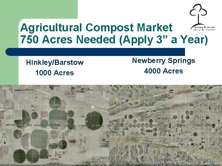 Agricultural Compost Market 750 Acres Needed (Apply 3” a Year) Hinkley/Barstow 1000 Acres 13