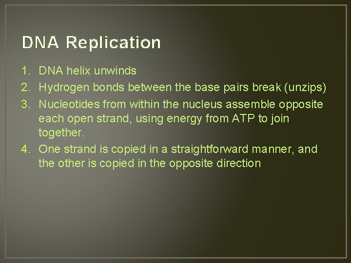 DNA Replication 1. DNA helix unwinds 2. Hydrogen bonds between the base pairs break